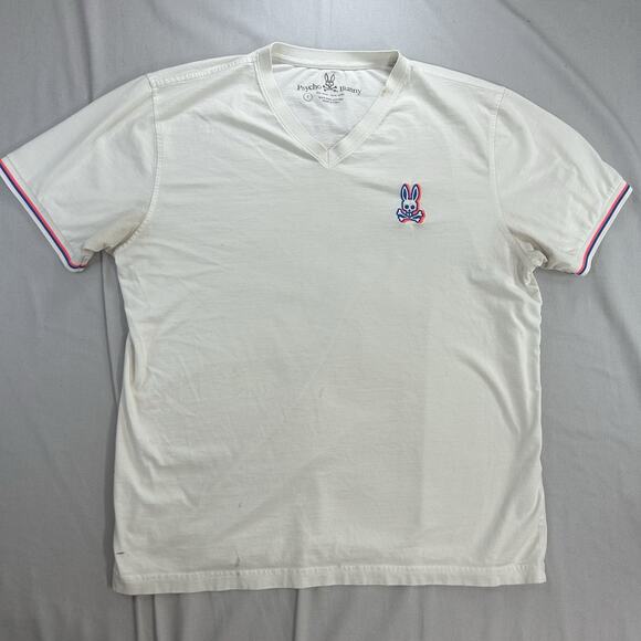 Psycho Bunny Men's T Shirt Size XL 7 Short Sleeve V Neck Embroidered Logo White - Picture 1 of 10